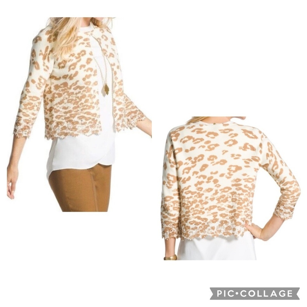 New CHICO’S Women’s Acorn Brown Cheetah Lace Hem CHARLEE Cardigan Sweater Sz 1 M